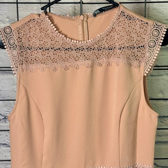 ZARA Blush Pink Lace Yoke Sleeveless Fit & Flare Dress | Medium - Picture 7 of 9